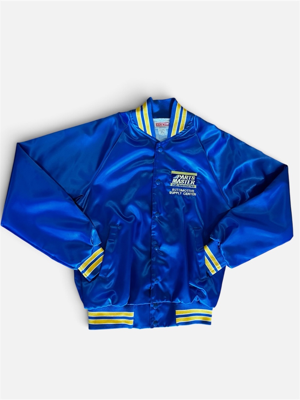 Vintage Parts Master Blue Satin Bomber Jacket with Yellow Trim Hartwell